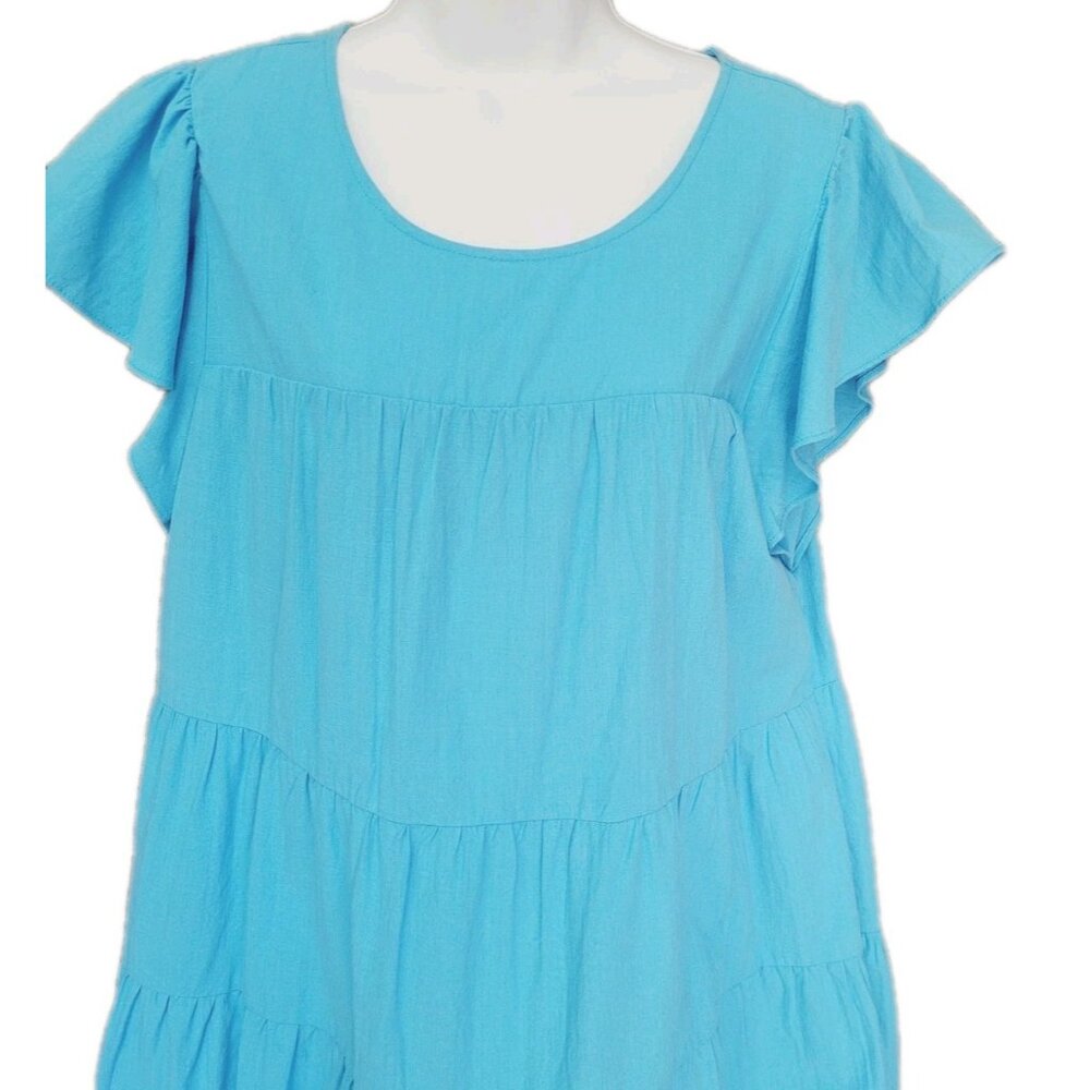 Women’s Tiered Ruffle Cap Sleeve Baby Doll Dress L Blue Knee Length
